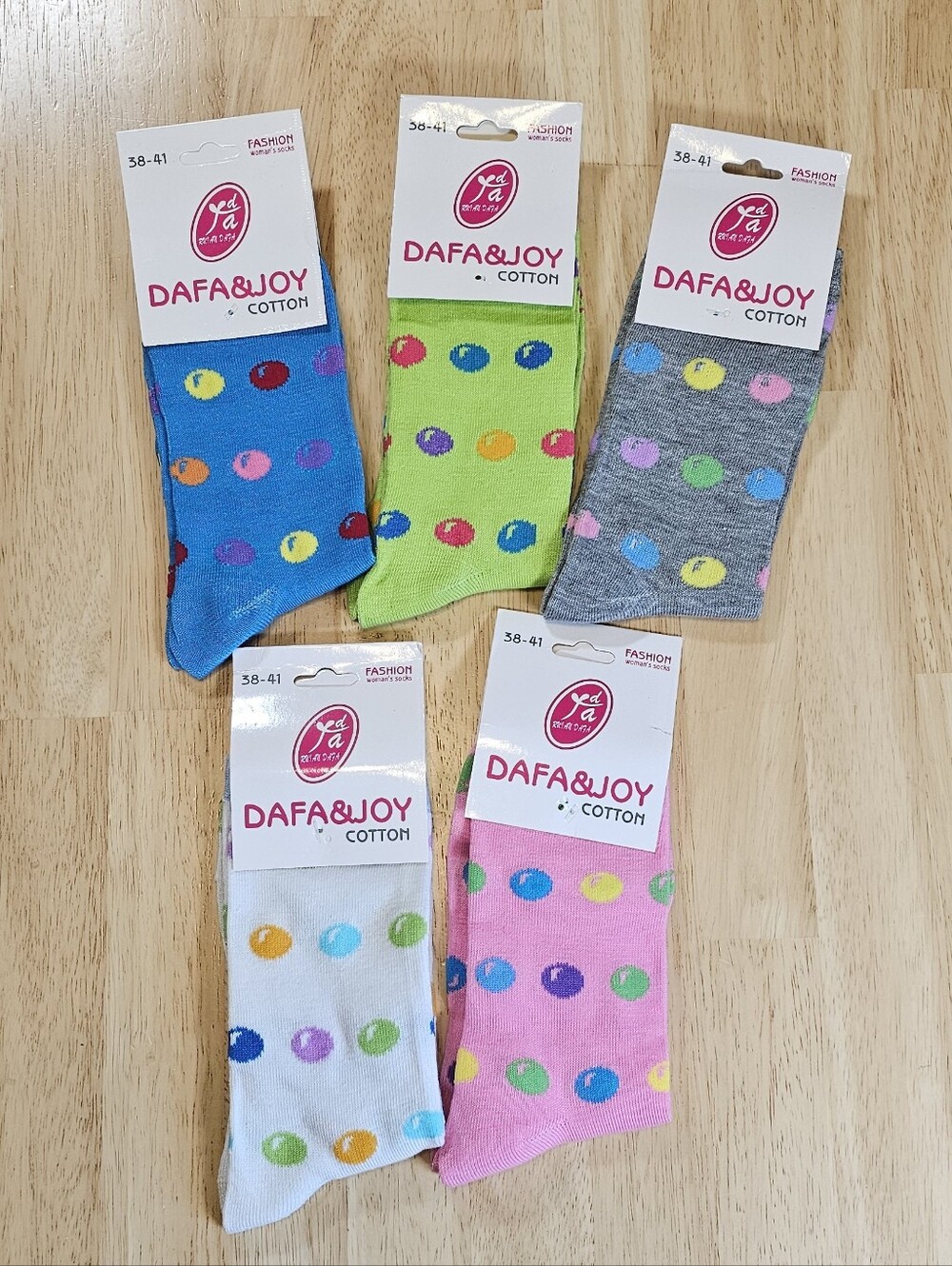Bundle Of 5 Cotton Polka Dot Socks - Pink, Blue, Green, Gray, White